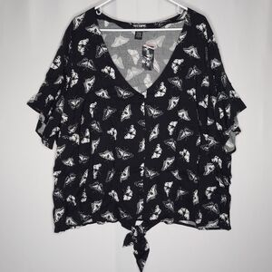 Hot Topic Button Tie Top 5X Vneck Flutter Short Sleeve Butterfly Moth Whimsigoth